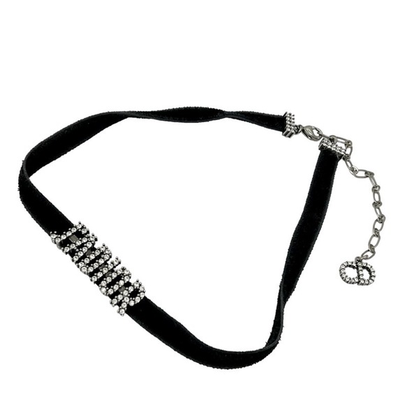 Dior J`A Rhinestone  Logo Necklace Black Christian Silver - Picture 1 of 6